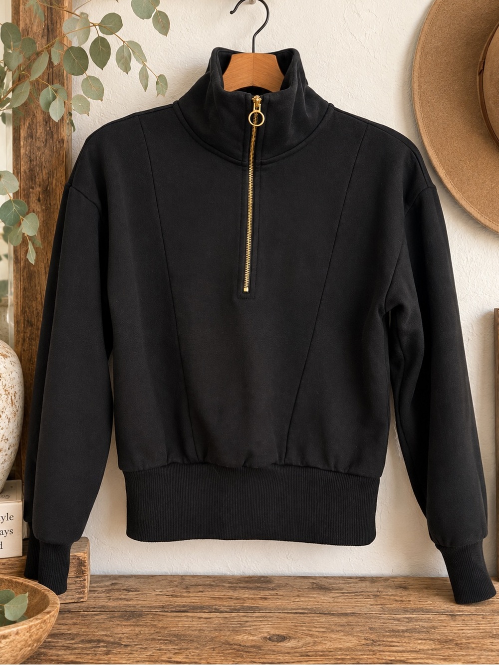 A New Day Black Cropped Quarter Zip Mock Neck Sweatshirt XS
